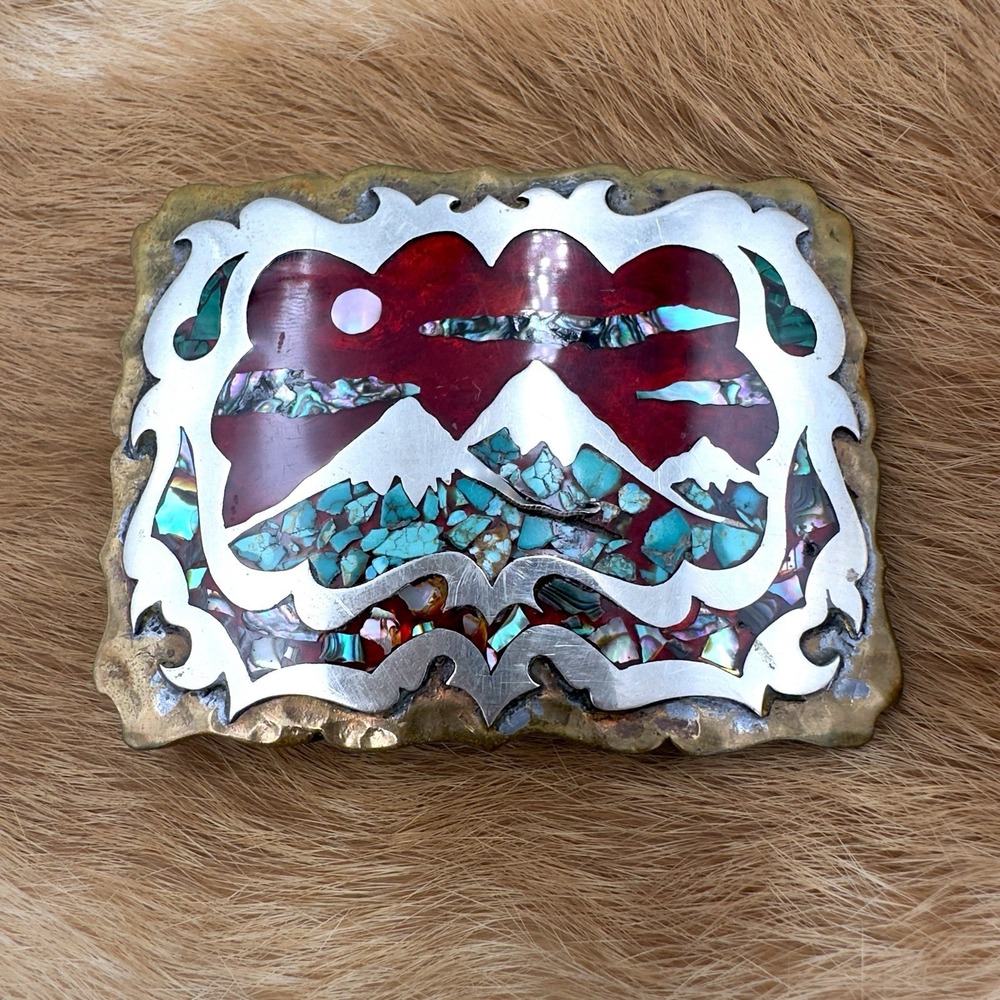 VTG Southwestern Mountain Landscape Turquoise Abalone Chip Inlay Belt Buckle